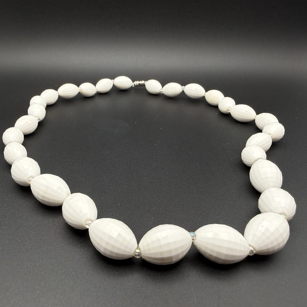 Vintage White Faceted Lucite & AB Graduated Bead Necklace Mid Century Statement